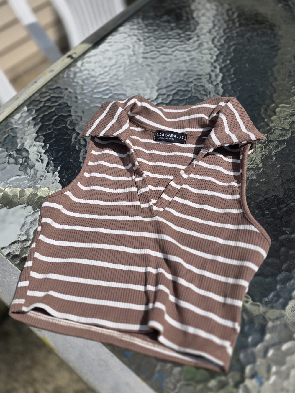 Striped Ribbed Sleeveless Polo Crop Top - Brown & White